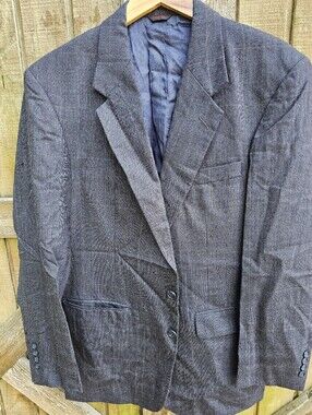 Mens 42L Pure Wool Sport Coat Blazer Jacket Two Button Charcoal Gray Windowpanep